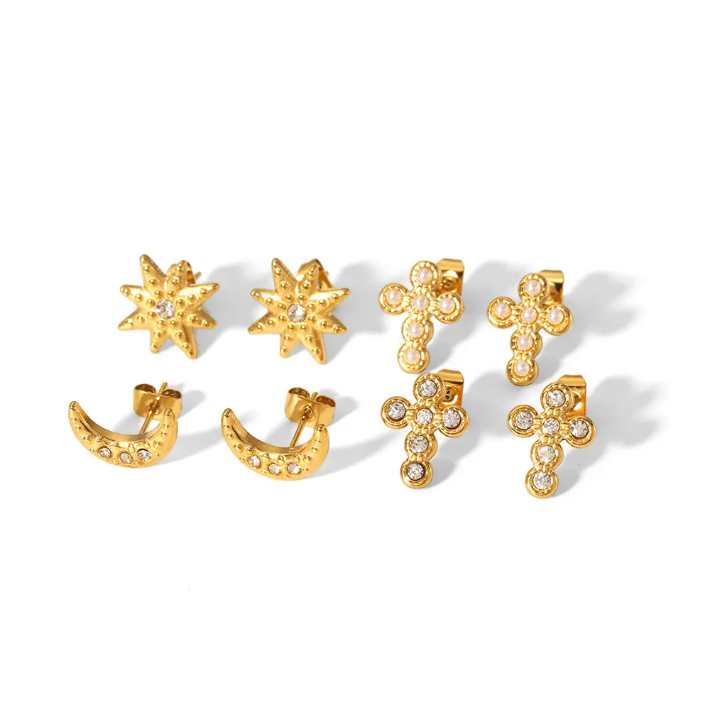 1 paar eenvoudige delicate stijl star moon cross vorm roestvrij staal 18K goud vergulde ingelegd strass dames oorknopjes h5 